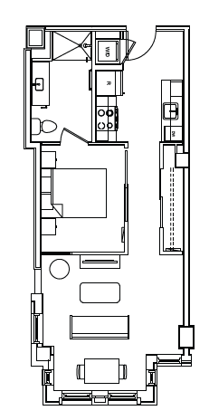 Floor plan for 1 bed, 1 bath, 589 sqft
